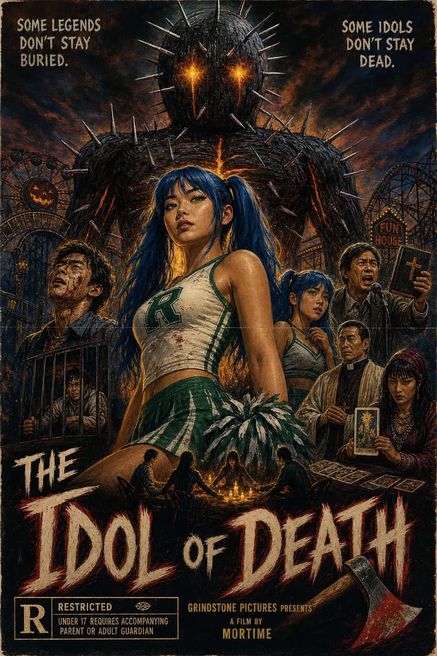 The theatrical poster for The Idol of Death: a spiked wooden idol with burning eyes towering over a cheerleader with blue hair, in a night fairground.